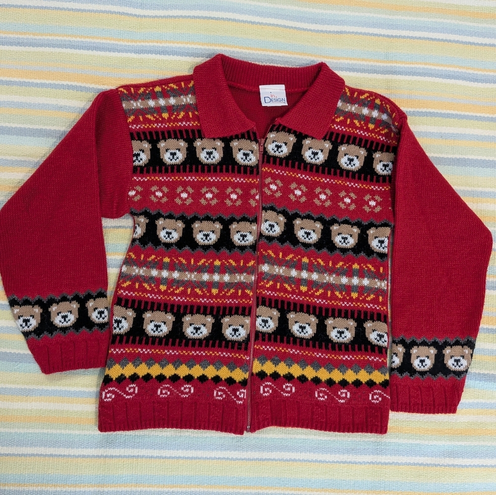 ⭐ Vintage In Design Bear Print Zip Up Sweater